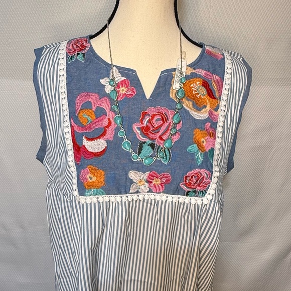 Dresses & Skirts - Floral Embroidered Striped Dress